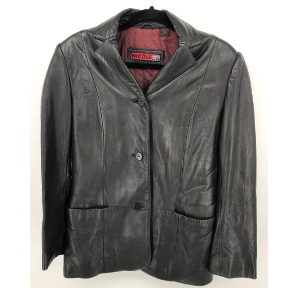 Nicole Miller Black Genuine Leather Jacket Blazer Women’s Size M Medium Retro - Picture 2 of 6
